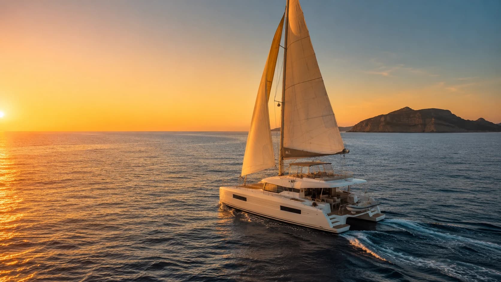 Catamaran sailing at sunset near the Egadi Islands