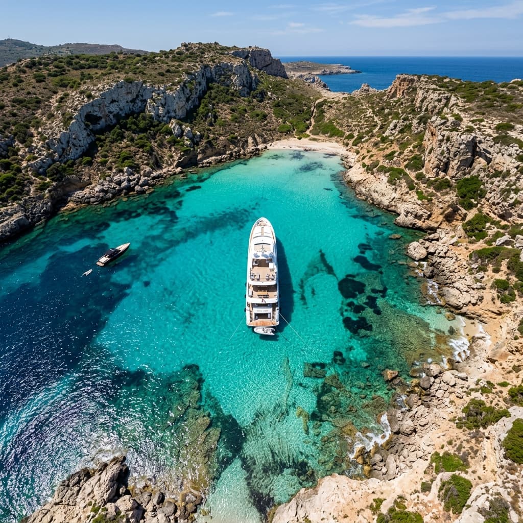 Aerial view of yacht in hidden cove